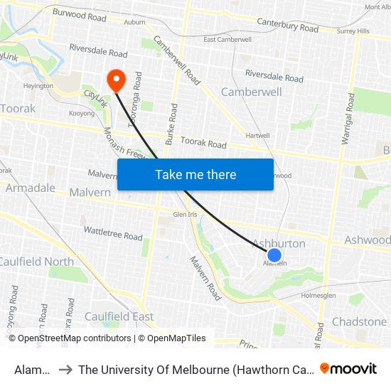 Alamein to The University Of Melbourne (Hawthorn Campus) map