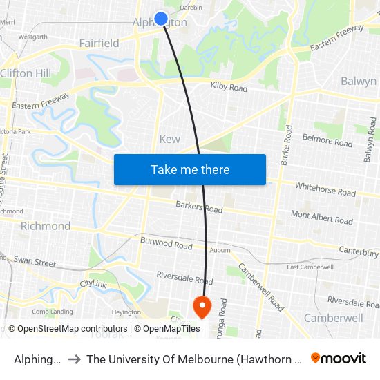 Alphington to The University Of Melbourne (Hawthorn Campus) map