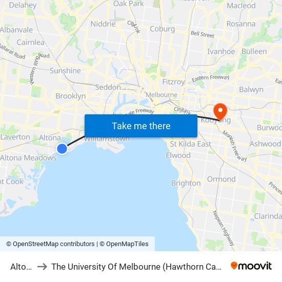 Altona to The University Of Melbourne (Hawthorn Campus) map