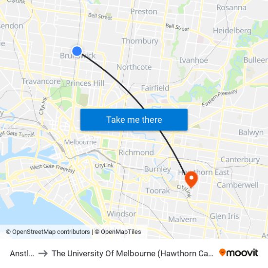 Anstley to The University Of Melbourne (Hawthorn Campus) map