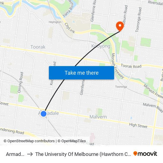 Armadale to The University Of Melbourne (Hawthorn Campus) map