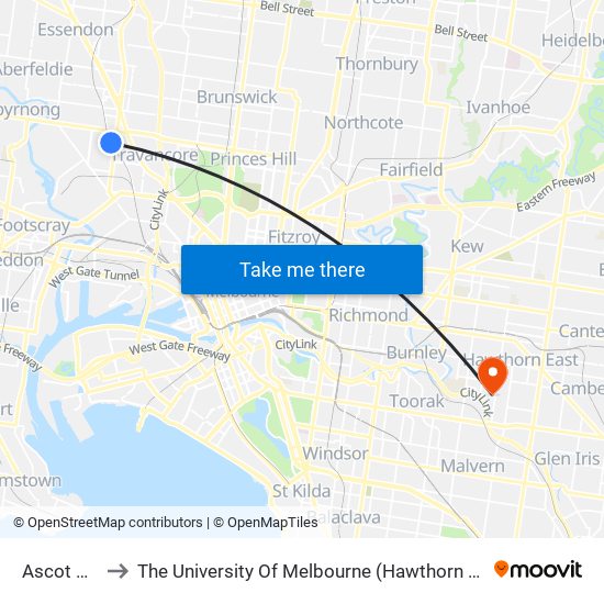 Ascot Vale to The University Of Melbourne (Hawthorn Campus) map