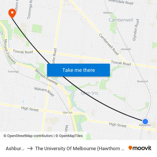 Ashburton to The University Of Melbourne (Hawthorn Campus) map