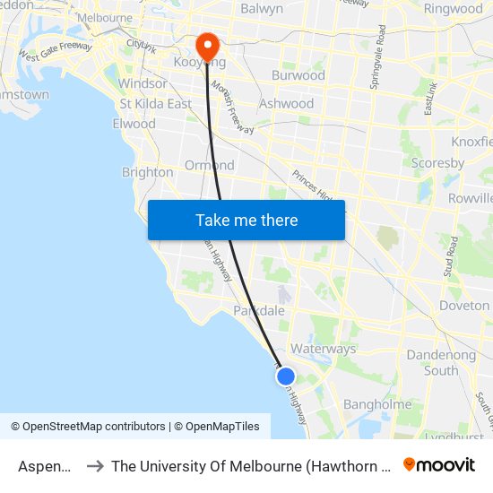 Aspendale to The University Of Melbourne (Hawthorn Campus) map