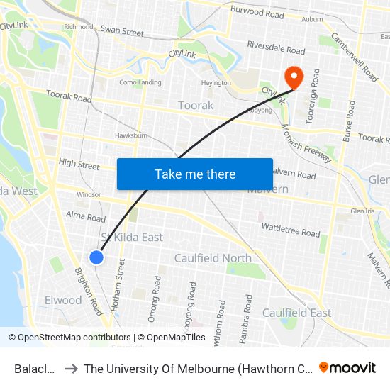 Balaclava to The University Of Melbourne (Hawthorn Campus) map