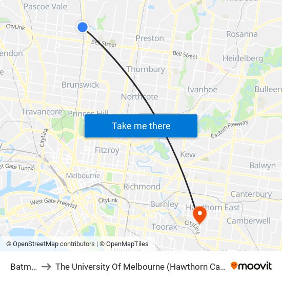 Batman to The University Of Melbourne (Hawthorn Campus) map