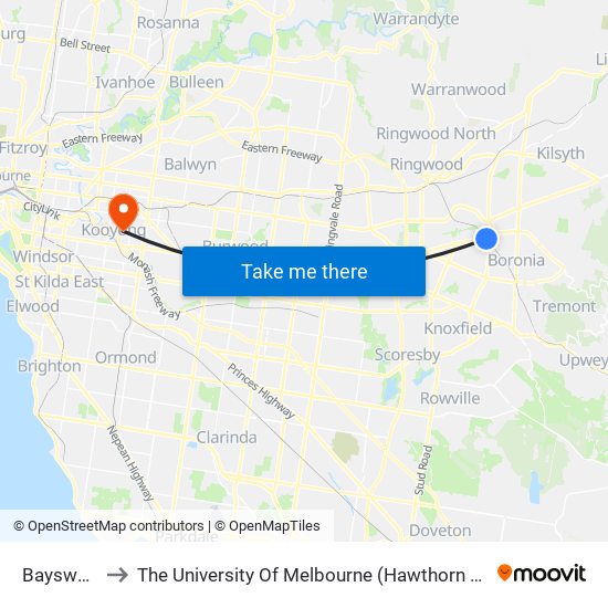 Bayswater to The University Of Melbourne (Hawthorn Campus) map