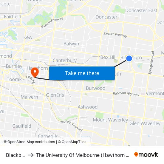 Blackburn to The University Of Melbourne (Hawthorn Campus) map