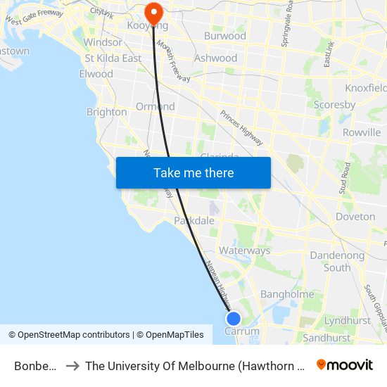 Bonbeach to The University Of Melbourne (Hawthorn Campus) map