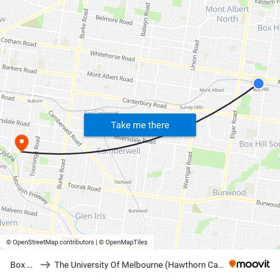 Box Hill to The University Of Melbourne (Hawthorn Campus) map
