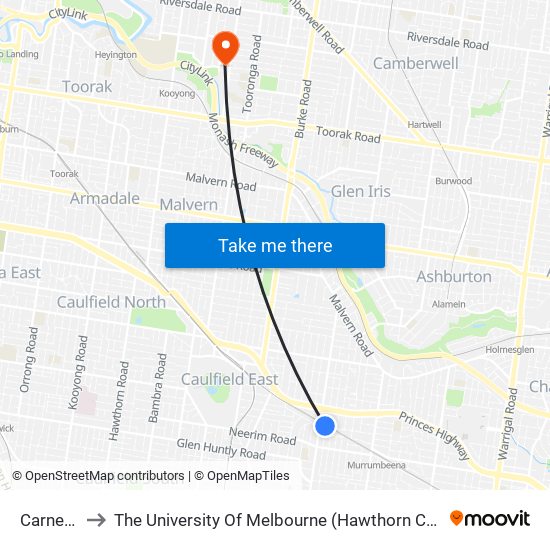 Carnegie to The University Of Melbourne (Hawthorn Campus) map