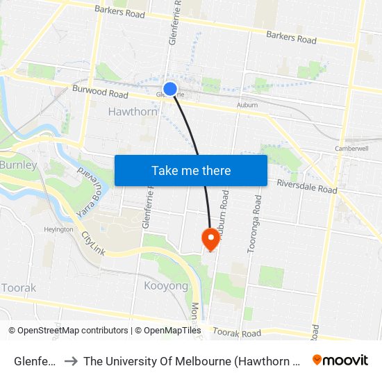 Glenferrie to The University Of Melbourne (Hawthorn Campus) map