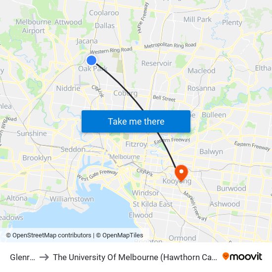 Glenroy to The University Of Melbourne (Hawthorn Campus) map