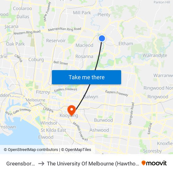 Greensborough to The University Of Melbourne (Hawthorn Campus) map