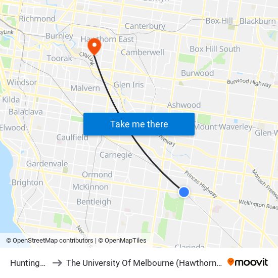 Huntingdale to The University Of Melbourne (Hawthorn Campus) map