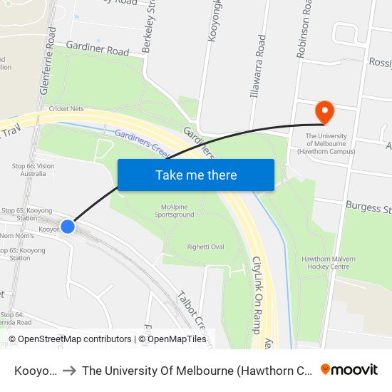 Kooyong to The University Of Melbourne (Hawthorn Campus) map