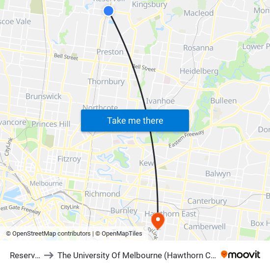 Reservoir to The University Of Melbourne (Hawthorn Campus) map