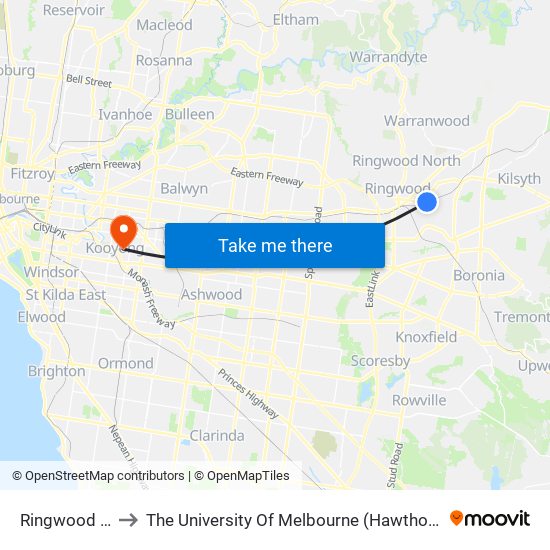 Ringwood East to The University Of Melbourne (Hawthorn Campus) map