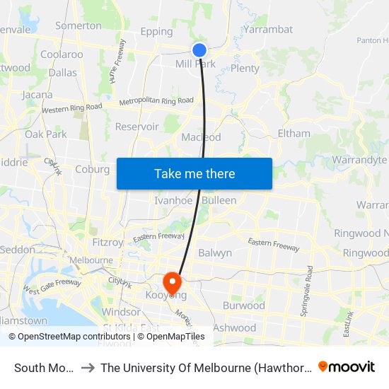 South Morang to The University Of Melbourne (Hawthorn Campus) map