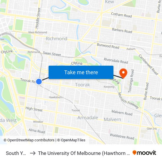 South Yarra to The University Of Melbourne (Hawthorn Campus) map