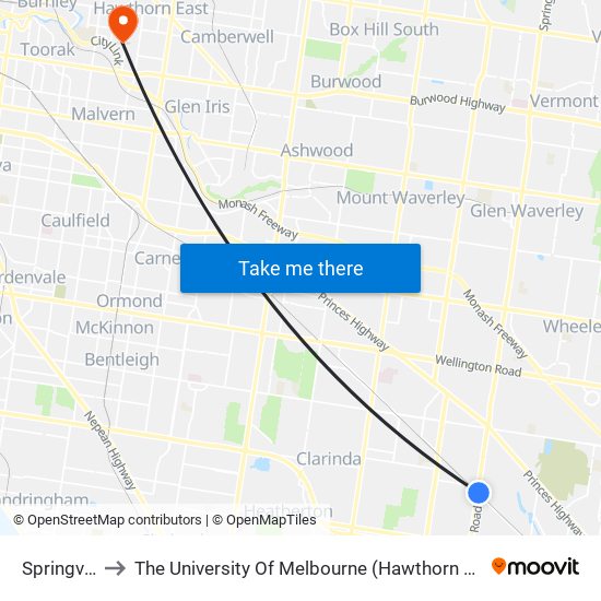 Springvale to The University Of Melbourne (Hawthorn Campus) map