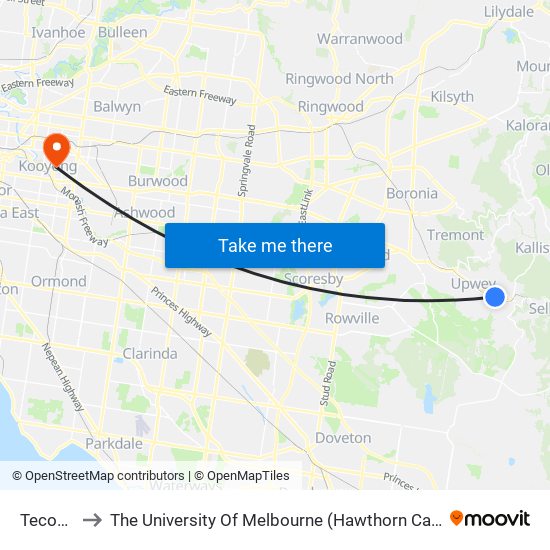 Tecoma to The University Of Melbourne (Hawthorn Campus) map