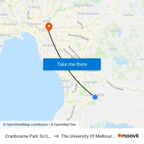 Cranbourne Park Sc/Lyall St (Cranbourne) to The University Of Melbourne (Hawthorn Campus) map