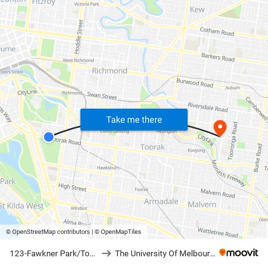 123-Fawkner Park/Toorak Rd (South Yarra) to The University Of Melbourne (Hawthorn Campus) map