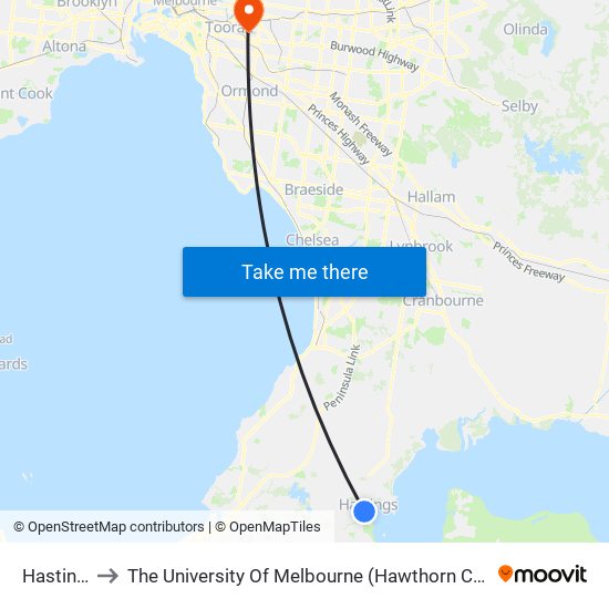 Hastings to The University Of Melbourne (Hawthorn Campus) map