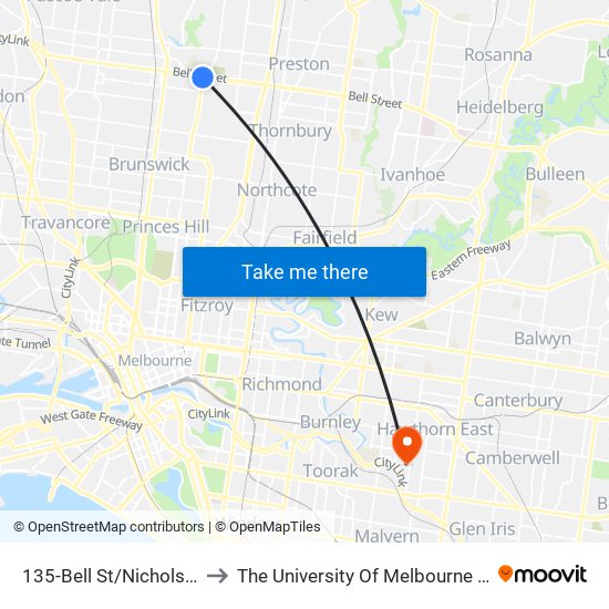 135-Bell St/Nicholson St (Coburg) to The University Of Melbourne (Hawthorn Campus) map