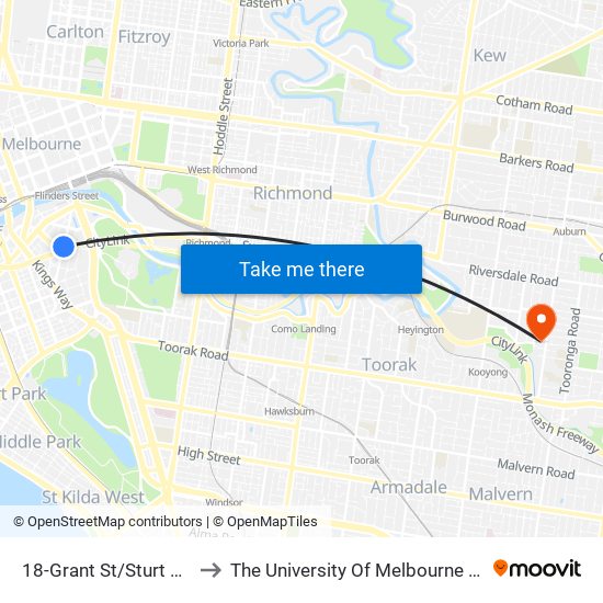 18-Grant St/Sturt St (Southbank) to The University Of Melbourne (Hawthorn Campus) map