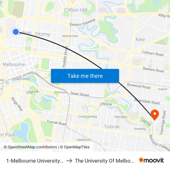 1-Melbourne University/Swanston St (Carlton) to The University Of Melbourne (Hawthorn Campus) map