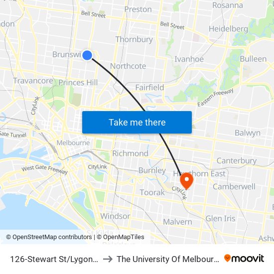 126-Stewart St/Lygon St (Brunswick East) to The University Of Melbourne (Hawthorn Campus) map