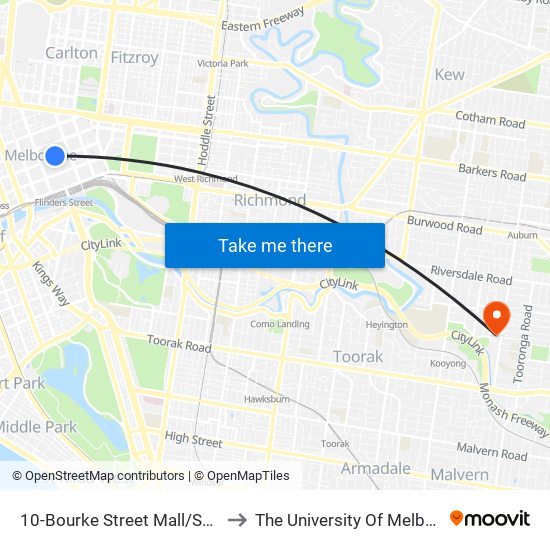 10-Bourke Street Mall/Swanston St (Melbourne City) to The University Of Melbourne (Hawthorn Campus) map