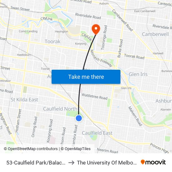 53-Caulfield Park/Balaclava Rd (Caulfield North) to The University Of Melbourne (Hawthorn Campus) map