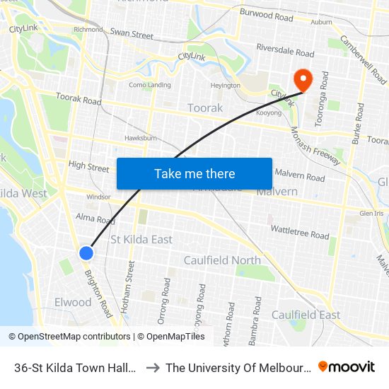 36-St Kilda Town Hall/Carlisle St (St Kilda) to The University Of Melbourne (Hawthorn Campus) map