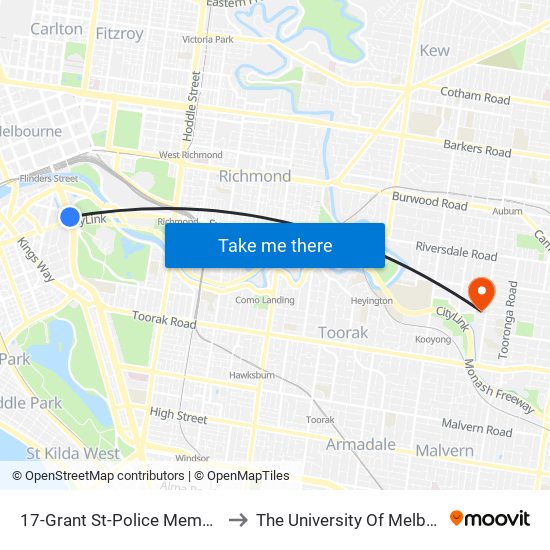 17-Grant St-Police Memorial/St Kilda Rd (Southbank) to The University Of Melbourne (Hawthorn Campus) map