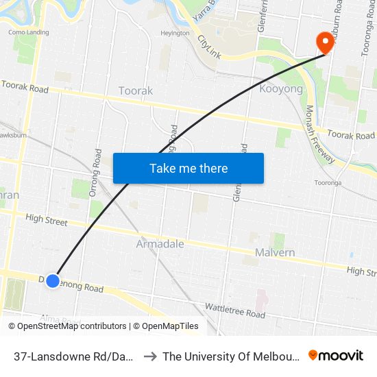 37-Lansdowne Rd/Dandenong Rd (Prahran) to The University Of Melbourne (Hawthorn Campus) map