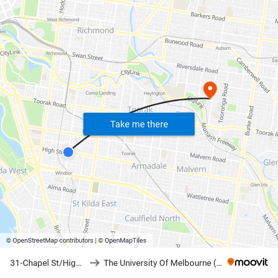 31-Chapel St/High St (Prahran) to The University Of Melbourne (Hawthorn Campus) map