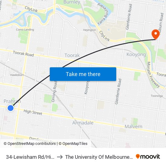 34-Lewisham Rd/High St (Prahran) to The University Of Melbourne (Hawthorn Campus) map