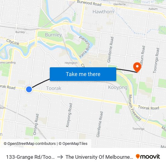 133-Grange Rd/Toorak Rd (Toorak) to The University Of Melbourne (Hawthorn Campus) map