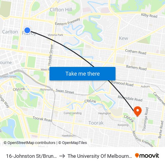 16-Johnston St/Brunswick St (Fitzroy) to The University Of Melbourne (Hawthorn Campus) map