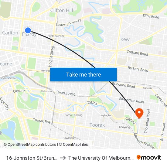 16-Johnston St/Brunswick St (Fitzroy) to The University Of Melbourne (Hawthorn Campus) map