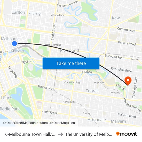 6-Melbourne Town Hall/Collins St (Melbourne City) to The University Of Melbourne (Hawthorn Campus) map