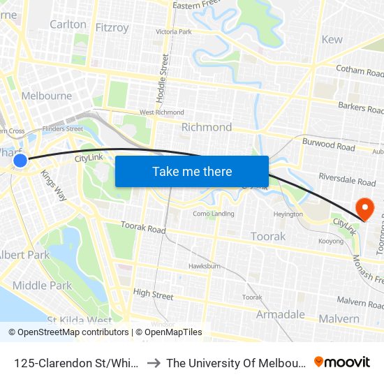 125-Clarendon St/Whiteman St (Southbank) to The University Of Melbourne (Hawthorn Campus) map