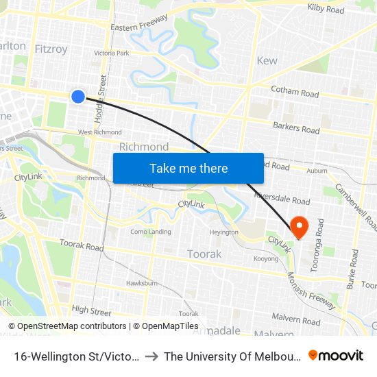 16-Wellington St/Victoria Pde (Collingwood) to The University Of Melbourne (Hawthorn Campus) map