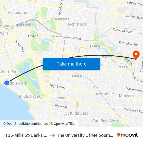 136-Mills St/Danks St (Middle Park) to The University Of Melbourne (Hawthorn Campus) map