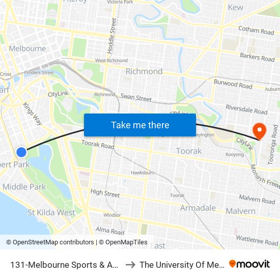 131-Melbourne Sports & Aquatic Centre/Albert Rd (Albert Park) to The University Of Melbourne (Hawthorn Campus) map