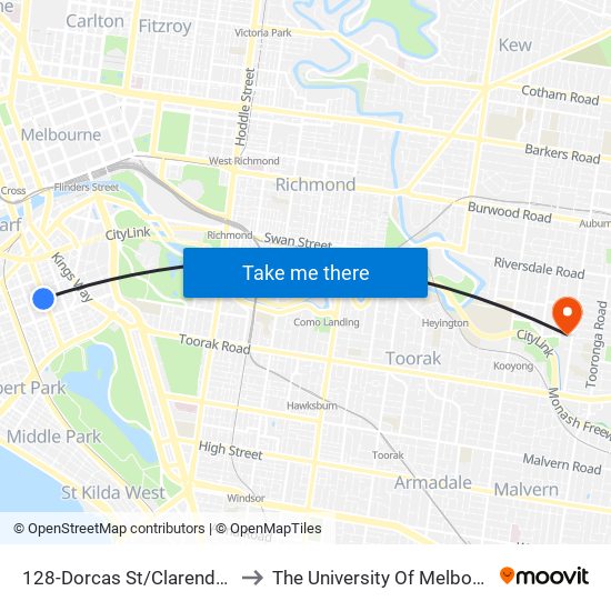 128-Dorcas St/Clarendon St (South Melbourne) to The University Of Melbourne (Hawthorn Campus) map