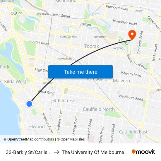 33-Barkly St/Carlisle St (St Kilda) to The University Of Melbourne (Hawthorn Campus) map